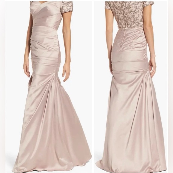 Elegant Champagne La Femme Gown with Beaded Sleeves – Size 4 - Picture 2 of 11